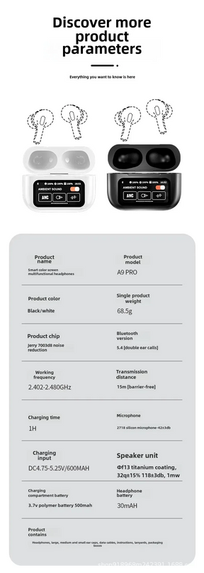 A9 AirPods Pro with Touch Display - Advanced ANC Wireless Earbuds, Smart Touch Control, and Extended Battery Life