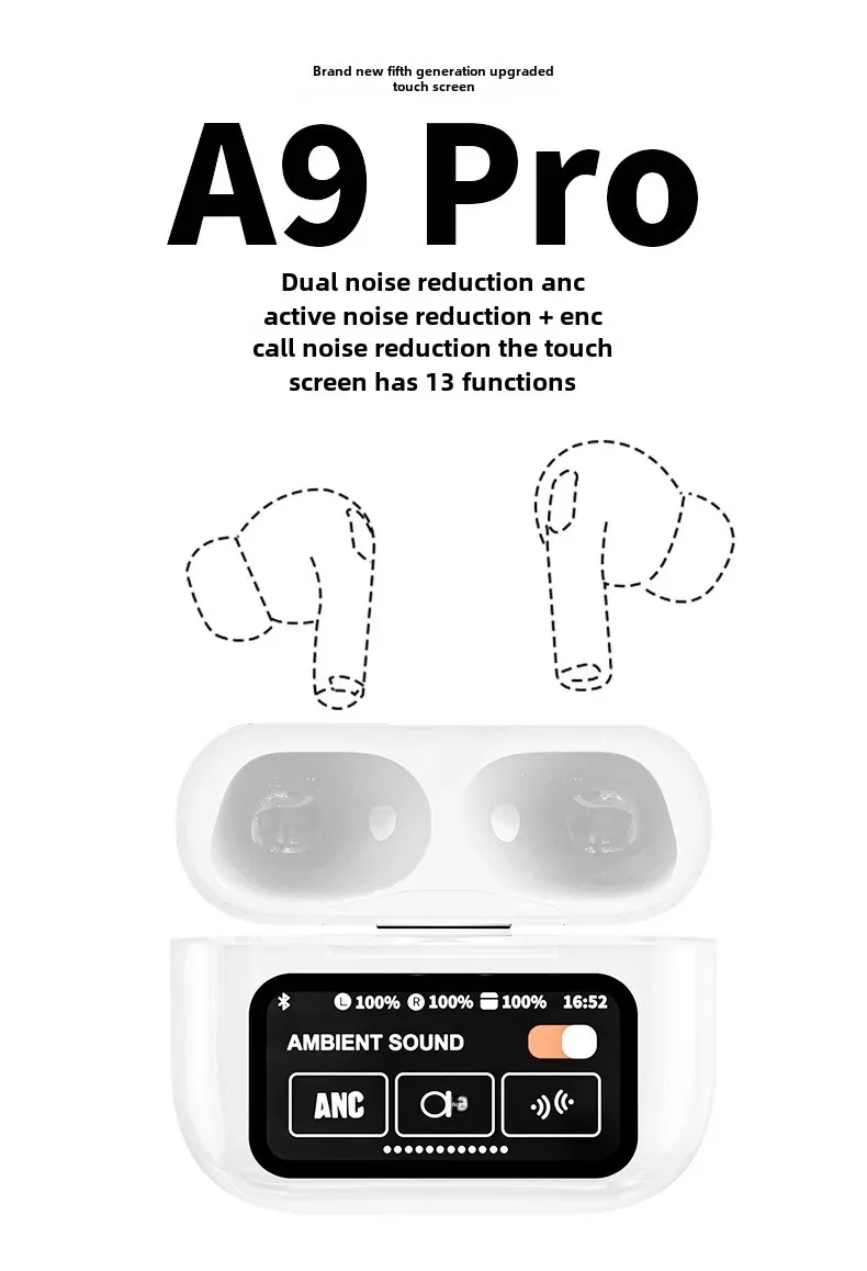 A9 AirPods Pro with Touch Display - Advanced ANC Wireless Earbuds, Smart Touch Control, and Extended Battery Life